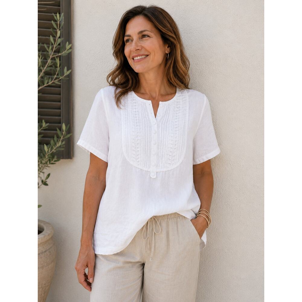 Orvis 100% Linen White Pintuck Peasant Blouse XL 18/20 Cottagecore Boho